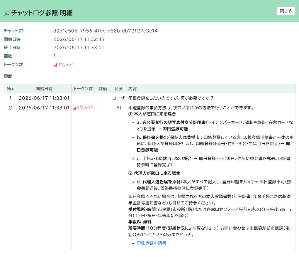 チャットログ参照 明細画面。チャットID・日時・回数・トークン数の基本情報と、ユーザーとAIのやり取りが時系列で表示されている。